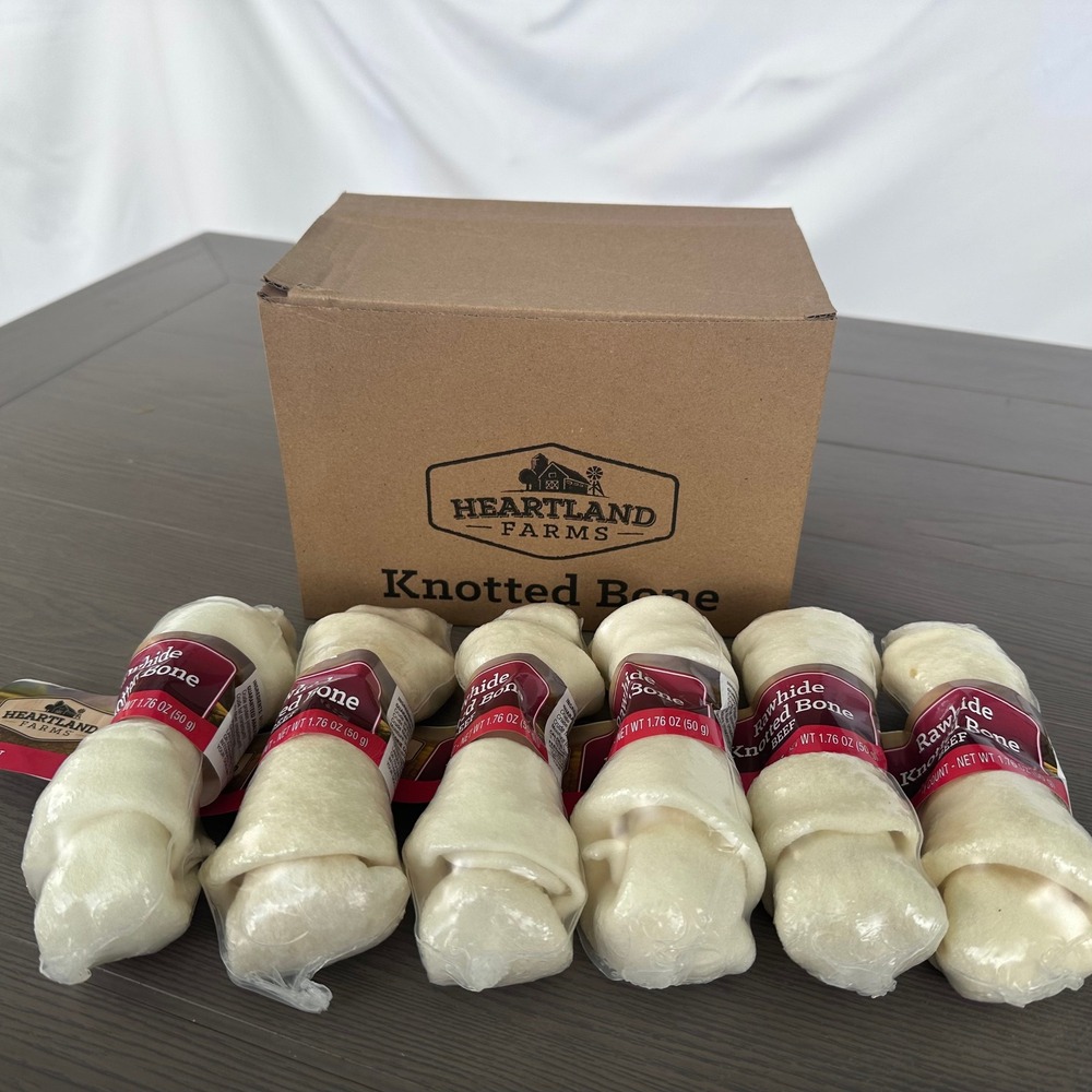 Heartland Farms Rawhide Knotted‎ Bone Beef Dog Treats 1.76oz 6 Count Bulk Pack